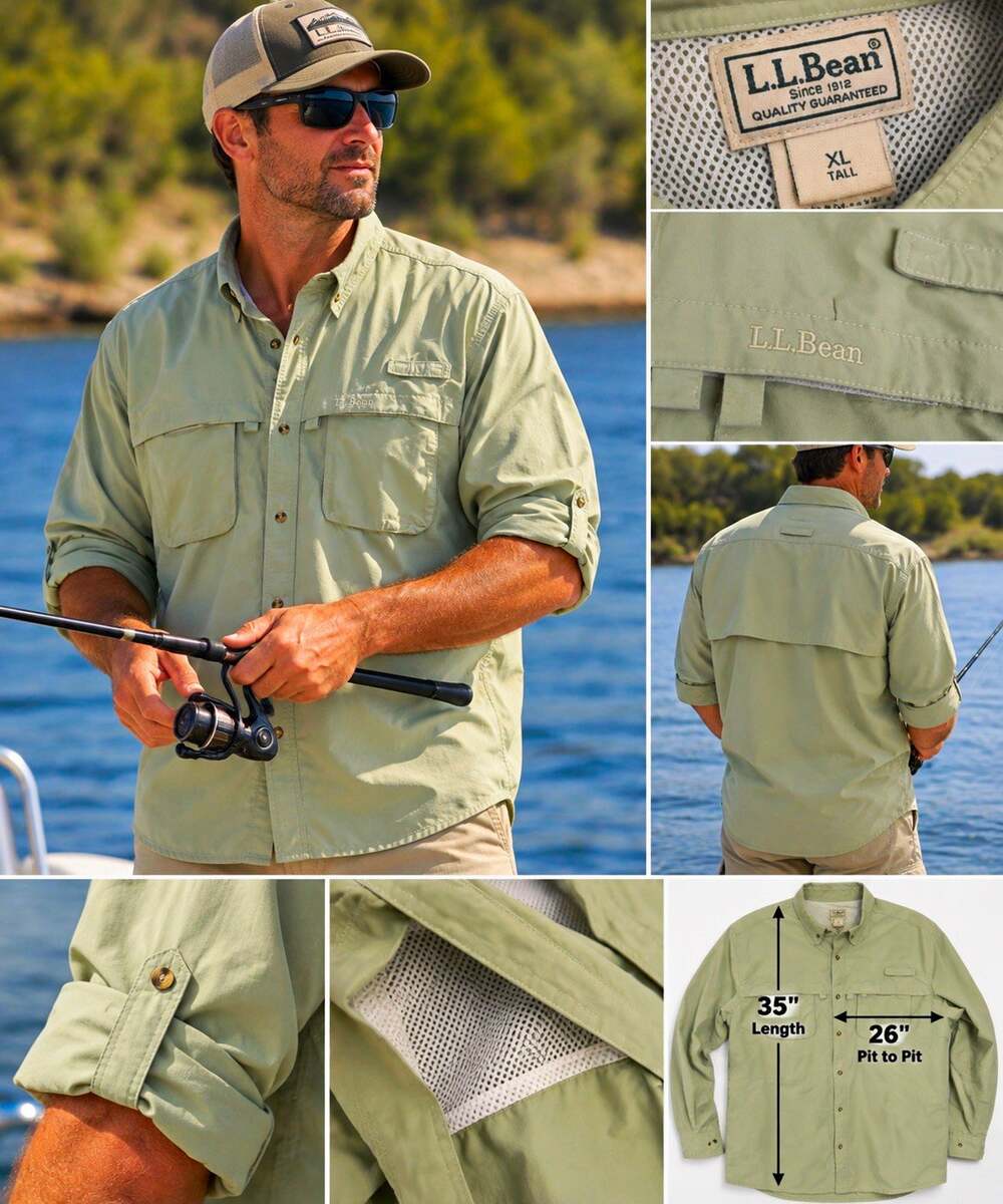L.L.Bean Men's XL Tall Vented Breathable Fishing Button-Up Shirt Green